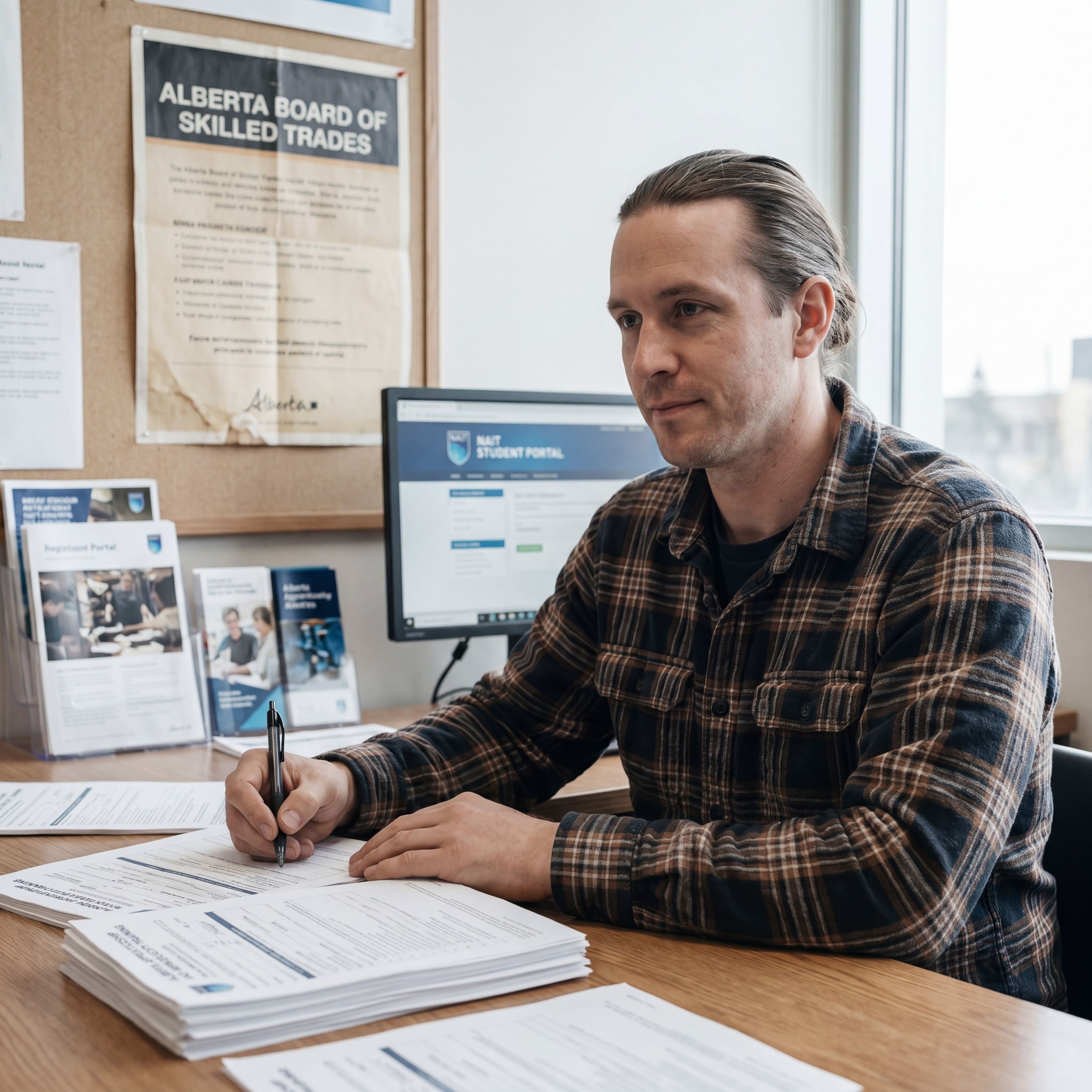 Tradesperson newly relocated to Alberta seated at a NAIT registration desk completing apprenticeship paperwork