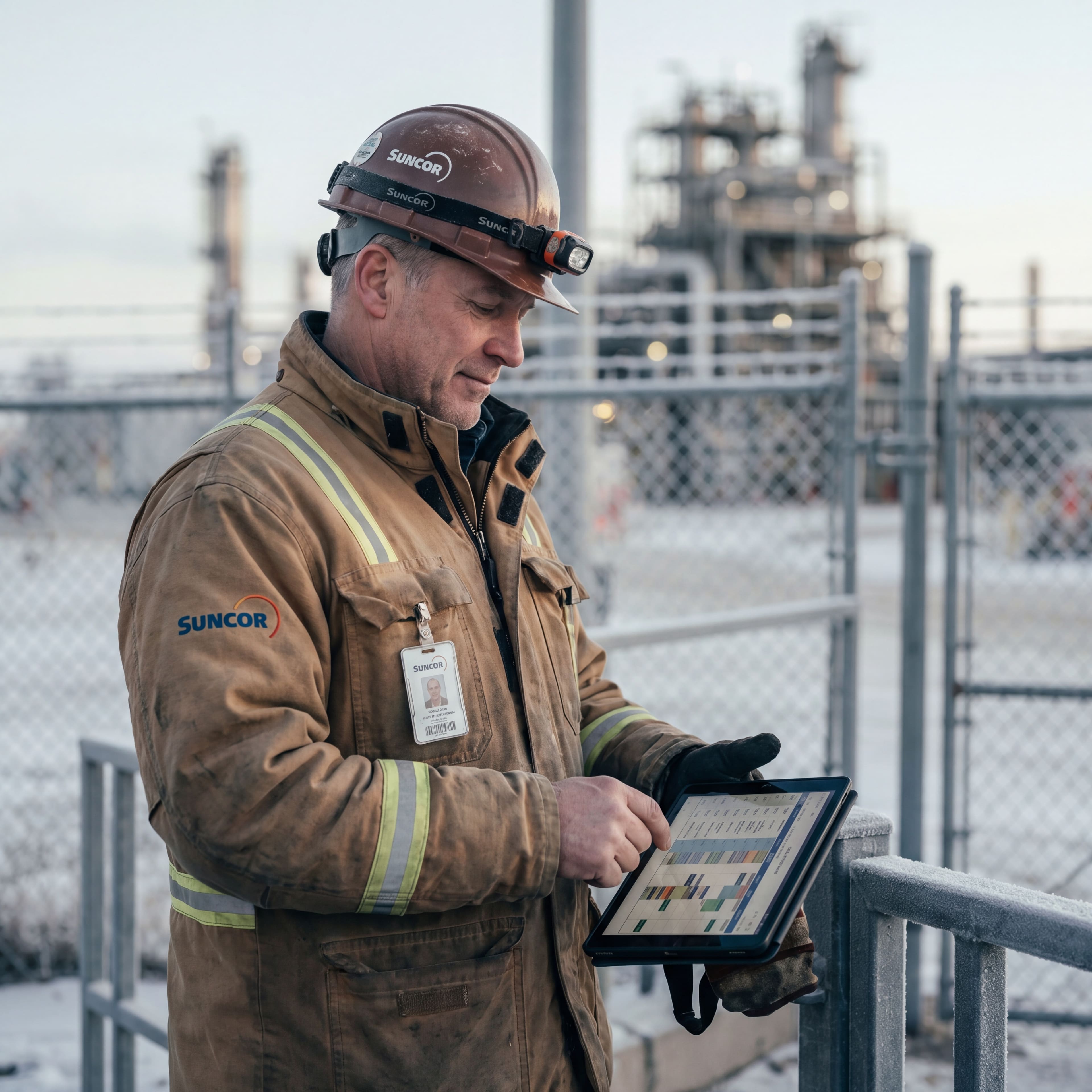Alberta oilfield contractor site manager reviewing a turnaround schedule on a tablet at the gate of an oilsands plant